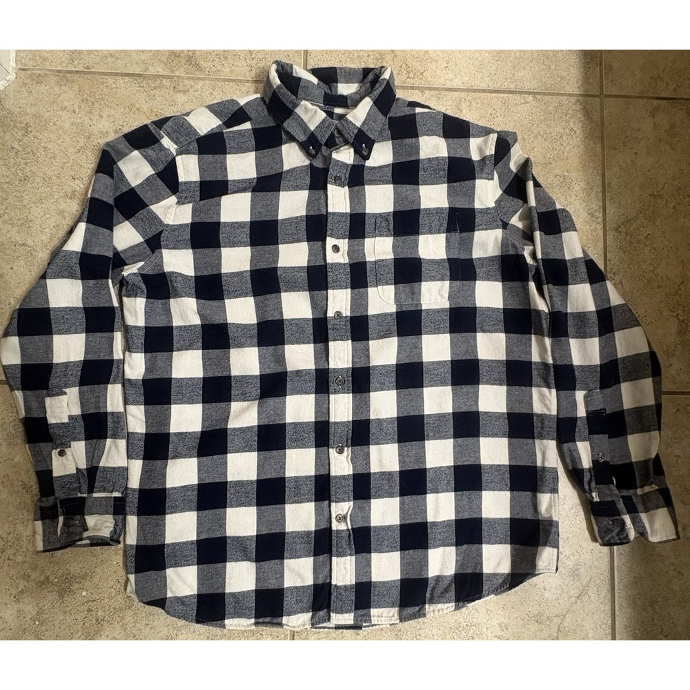 St. John's Bay Mens Long Sleeve Blue White Plaid Flannel Shirt Super Soft L